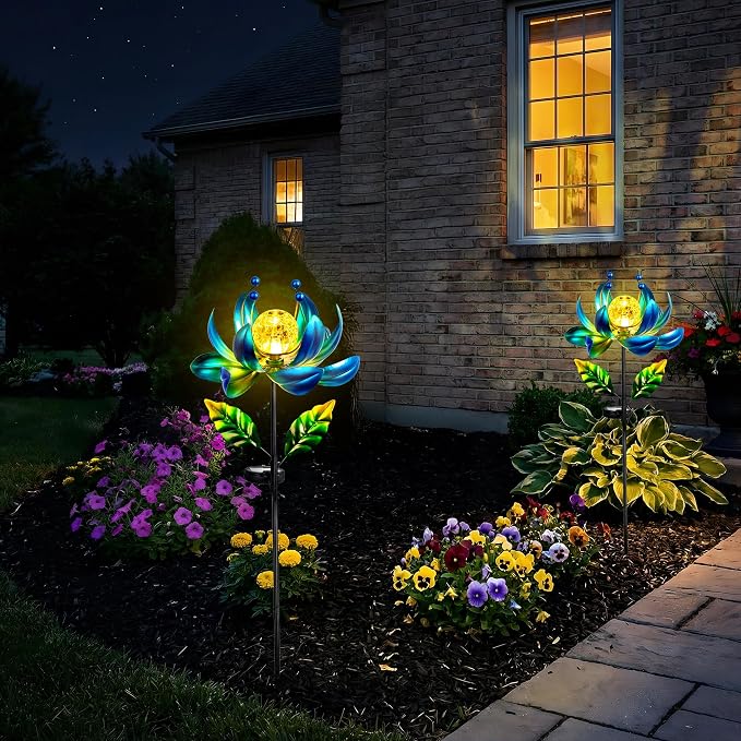 Solar Wind Spinners Outdoor Metal Kinetic Lotus Flower, Pinwheels for Yard and Garden Decor with Warm Crackle Glass Globe, 360° Spinning Yard Art Sculpture