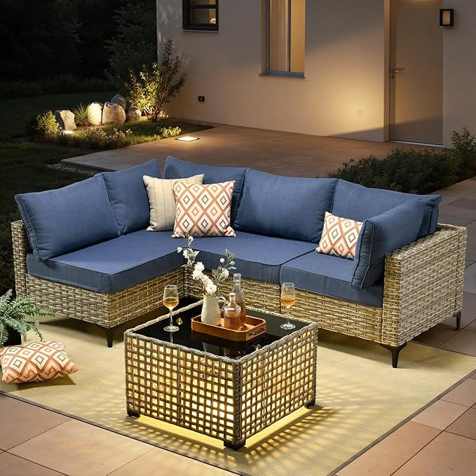 5 Pieces Patio Furniture Set with Solar Light Coffee Table, All-Weather Rattan Outdoor Sectional Conversation Sets L Shaped Sofas for Outside Porch Balcony Backyard Denim Blue