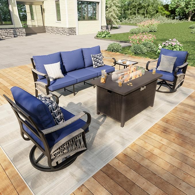 5 Pieces Patio Furniture Set, Metal Outdoor Conversation Sets with Fire Pit Table and Swivel Chairs for Backyard Garden Deck Porch Poolside (Thick Blue Cushions)