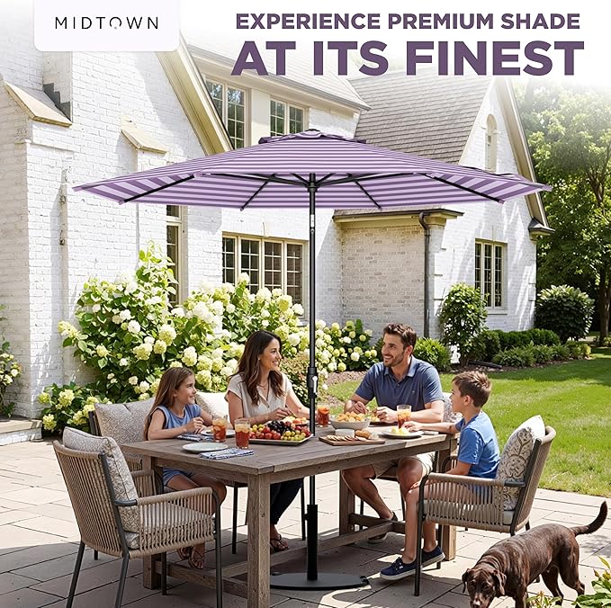 Midtown Umbrellas – The Swilt 8 Ft Patio Umbrellas with 360° Swivel & Tilt Mechanism, Fiberglass Ribs & Terylast Polyester Fabric for Backyard, Deck, Pool & Cafes - Midtown Stripes Canopy, Black Pole