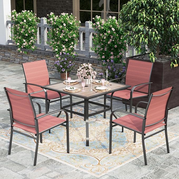 HERA'S HOUSE Patio Dining Set for 4, Wood-Look Metal Table, Red Chair | 37" outdoor square table + textilene chairs, All-weather, rust-resistant for Lawn Garden Backyard