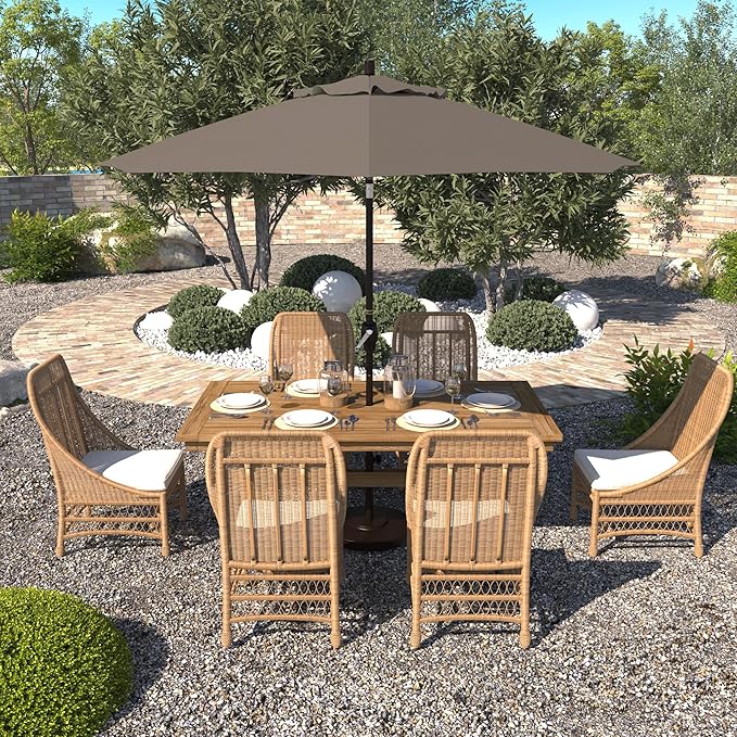 California Umbrella 9' Round Aluminum Market Umbrella, Crank Lift, Push Button Tilt, Bronze Pole