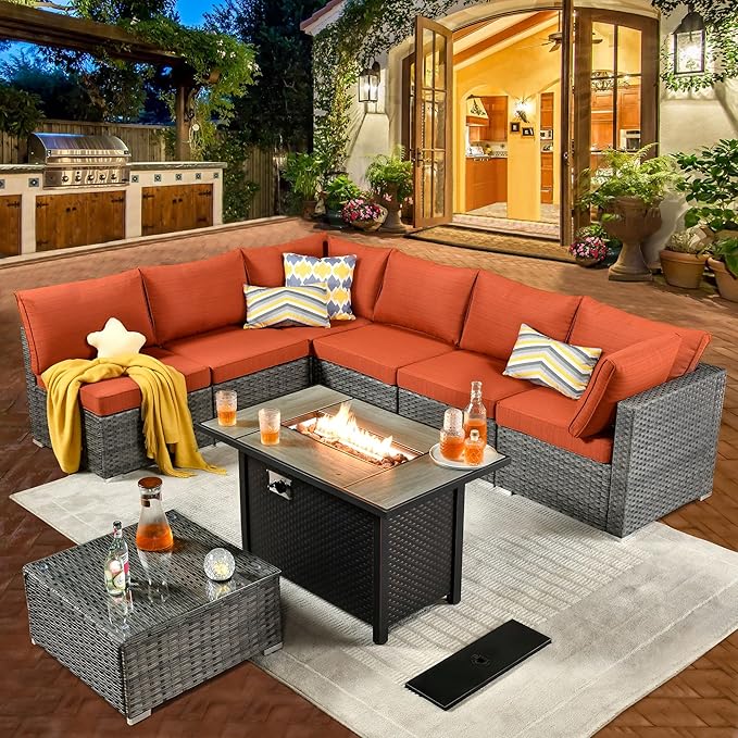 ovios Outdoor 8 Piece Patio Furniture Set with Fire Pit Table,Conversation Sectional Wicker Couch with Coffee Table,Modern Outside Sofa for Balcony Backyard, Orange