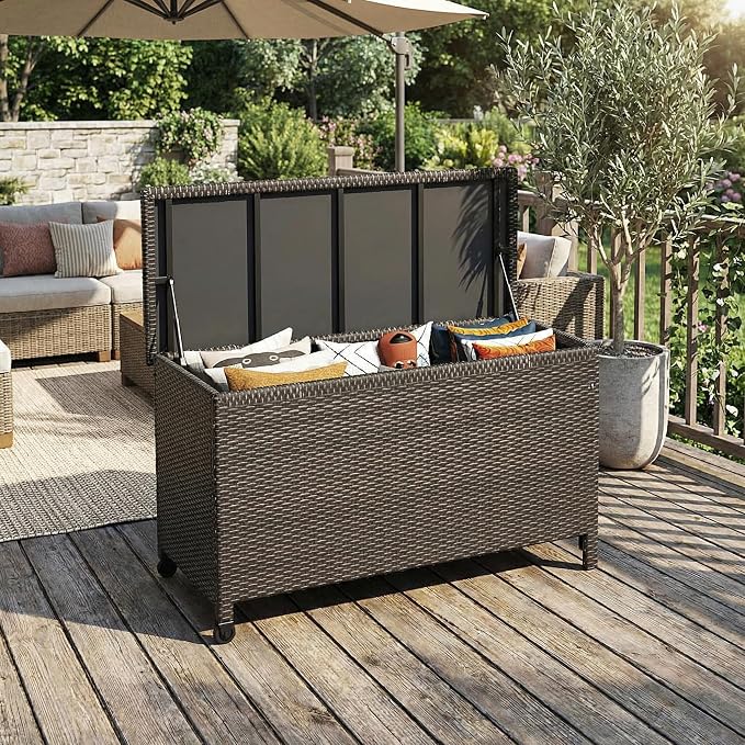 185-Gallon Outdoor Deck Box with Wheels, Waterproof PE Rattan & Aluminum Frame Storage Bin, Lockable Patio Furniture Chest for Cushions, Garden Tools, Pool Toys, Brown
