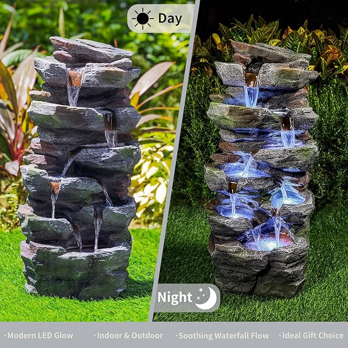 SmerduRock Waterfall Outdoor Fountain with Warm LED Lights, 23.6" Cascading Tiered Stone Garden Fountain, Weather-Resistant Resin, UL-Certified Pump, Easy No-Tool Setup for Patio Backyard Lawn