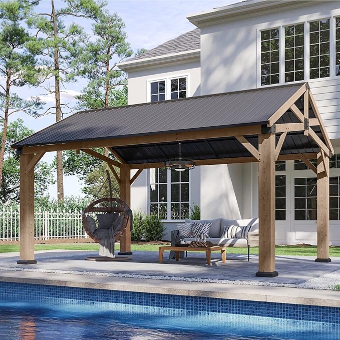 Aoxun 12' x 16' Outdoor Wood Gazebo with 20" Ceiling Fan with Light, Hardtop Gazebo Permanent Wooden Pavilion with Galvanized Steel Gable Roof, for Patio, Garden, Deck, Cedar Wood