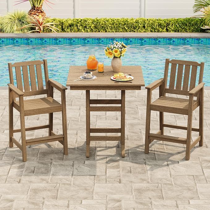 GAOMON Square Outdoor Bar Height Table, Patio Tall Side Bistro Table with Umbrella Hole, Weather Resistant High Top Dining Table for Backyard, Garden, Deck, Porch, Brown