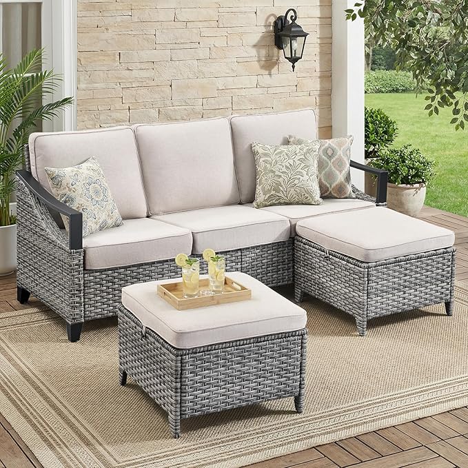 3 Pieces Wicker Patio Furniture Sofa Set-Outdoor Wicker Patio Furniture Covered Couch with Multifunctional Ottoman and All-Weather Outdoor Patio Conversation Set for Backyard Porch Garden Grey/Beige