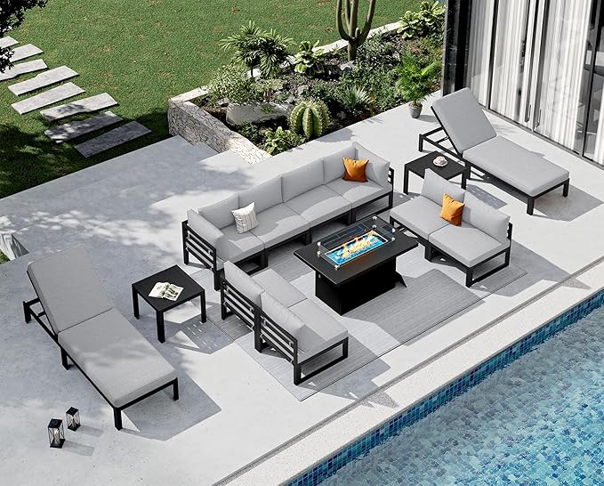NICESOUL 13 Piece Large Modern Aluminum Patio Furniture Set, Water & Fade Resistant Modular Outdoor Conversation Set with Lounge, 500 lbs Heavy Duty Comfortable Sectional Sofa for Poolside, Light Gray