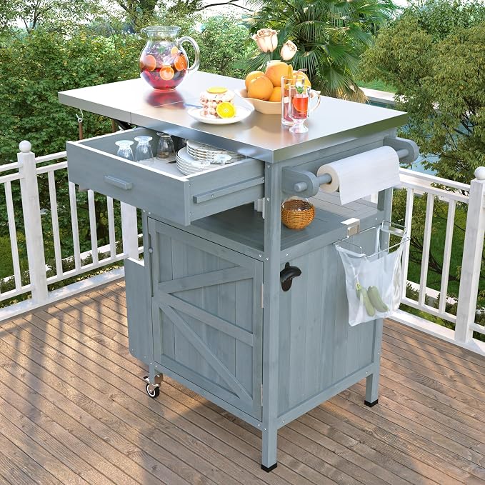 Outdoor Grill Cart with Stainless Steel Top, Solid Wood Outdoor Storage Cabinet with Drop Leaf, One Drawer, Towel Rack, Rolling Kitchen Cart with Lockable Wheels for Lawn Garden (Blue+Grey@072)