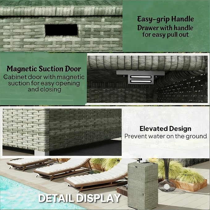 PE Rattan Outdoor Deck Box and Storage Cabinet for Patio and Poolside, Vertical Wicker Towel Rack with Drawer and Magnetic Doors for Backyard Organization, 23.6 x 23.6 x 47.2 Inches, Gray