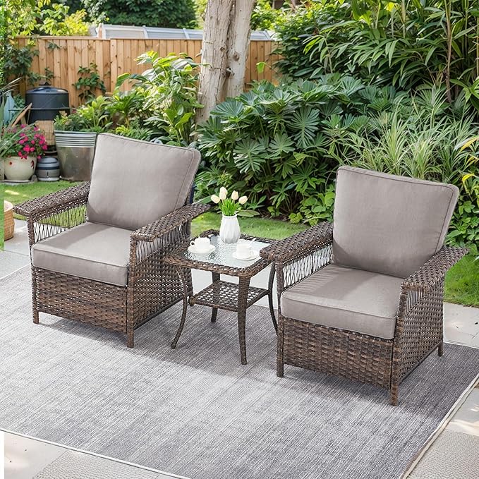 Patio Furniture Set 2 Wicker Patio Chairs with PE Rattan Side Table Set Brown Wicker Grey Cushions Patio Conversation Set 3pcs for Garden Balcony Sunroom Backyard Deck Porch