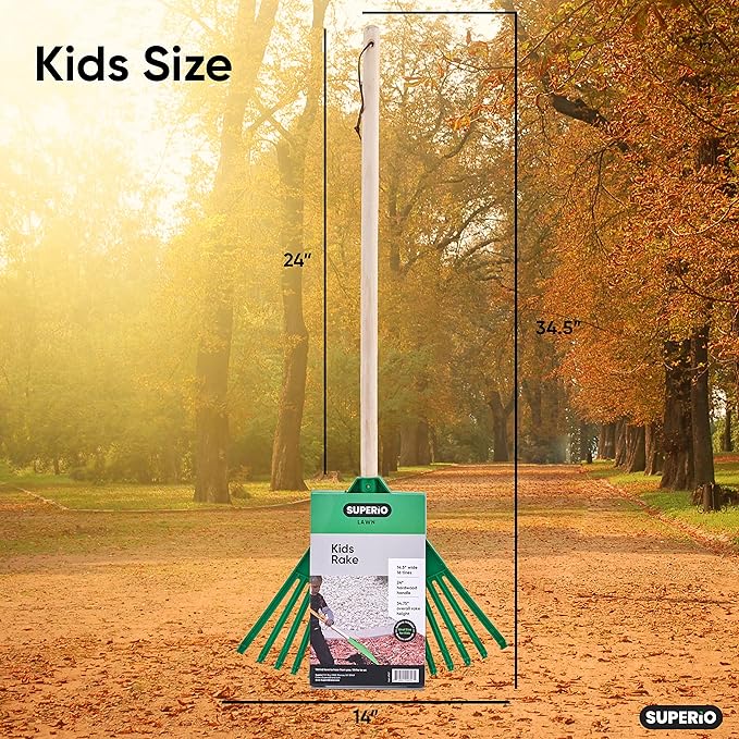 Child-Size Leaf Collector & Rake Set – Garden Leaf Scoops and Lawn Cleaning Tools for Kids, Includes 1 Rake and 1 Pair of Leaf Grabbers, Green Plastic – by Superio