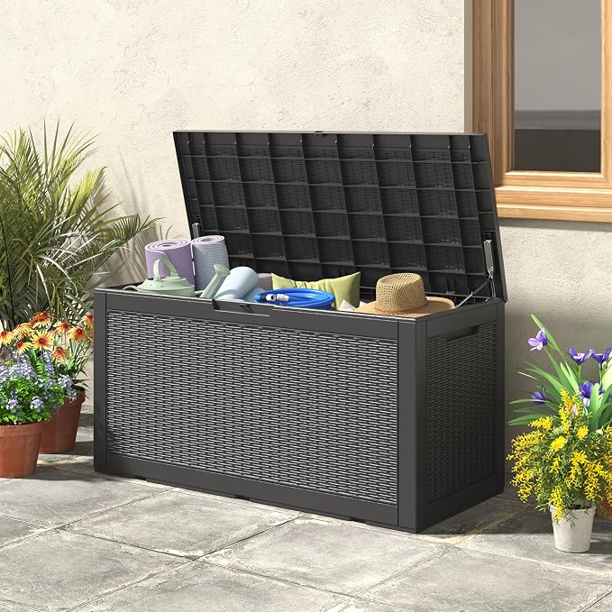 100 Gallon Extra Large Resin Deck Box with Hydraulic Rod ，Outdoor storage box with lockable lid, waterproof material, suitable for patio furniture, pool tools, outdoor equipment, gardening tools