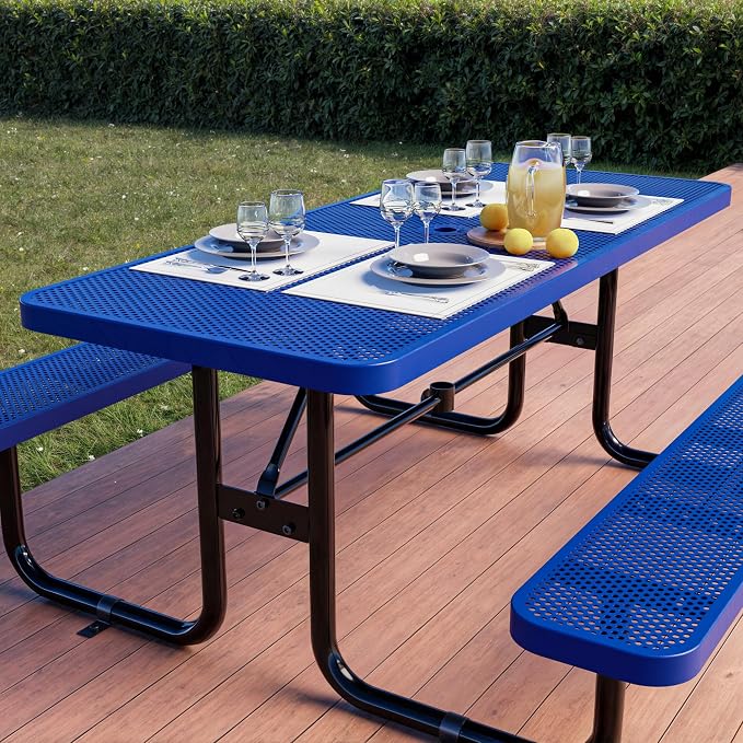 Commercial Heavy-Duty Metal Picnic Table - ADA Compliant, Adjustable Seats, Umbrella Hole (Blue, 6' Rectangular, Punched Steel)