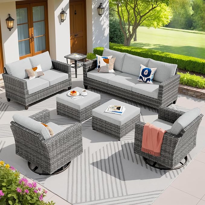 ovios 7 Pieces Patio Furniture Set, Outdoor Wicker Rattan Sofa Couch with Swivel Glider Chairs Loveseat Comfy Cushions Modern Conversation Set for Backyard Porch, Grey