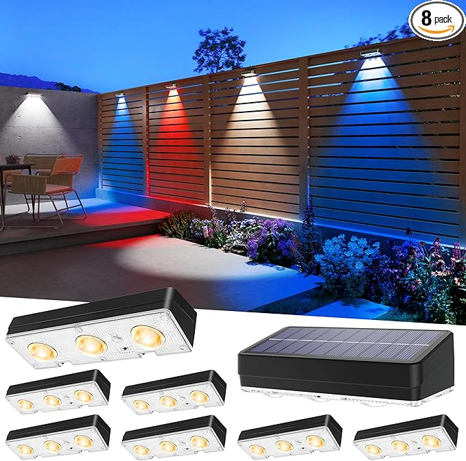 JOFIOS Solar Fence Lights Outdoor Waterproof Led, 8Pack,1300mAh, 6 Inch Solar Lights for Fence with Warm White & RGB 8 Colors, Outdoor Solar Lights for Patio, Backyard, Deck, Fence, Railing (Black)