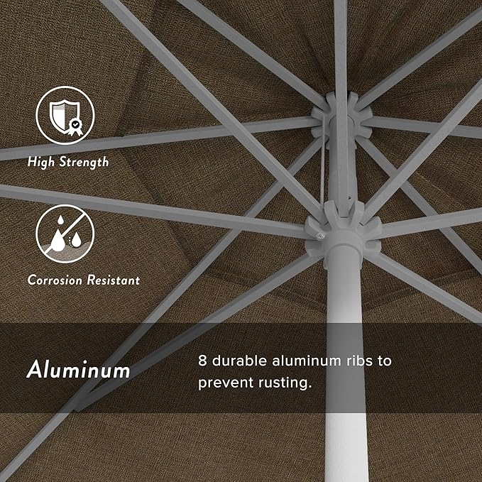 California Umbrella 12-Year Protection 9' Rd Aluminum Patio Umbrella, Crank Lift, Auto Tilt, White Finish, Sunbrella Linen Sesame
