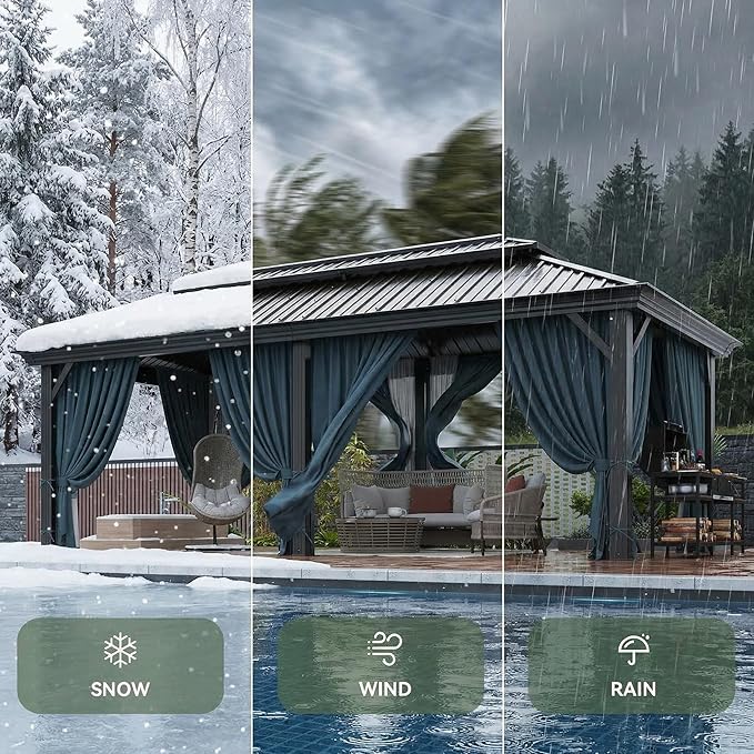 HOTEEL Gazebo 12x20 on Clearance with Metal Roof, Heavy Duty Hardtop Gazebo with Flame-Retardant Curtain & Netting, Outdoor Gazebos with Galvanized Steel Double Roof for Party,Patio Black