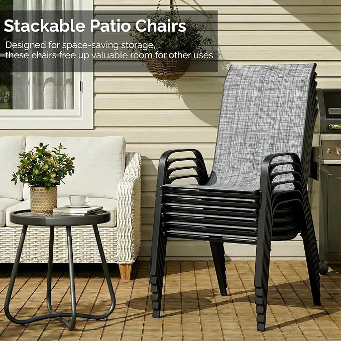 MAMIZO 7 Pieces Patio Dining Set for 6, Outdoor Table and Chairs w/Rectangle Glass Table and 6 Textilene Stackable Chairs, Patio Furniture Set w/1.69" Umbrella Hole (Grey Table & Grey Chair)
