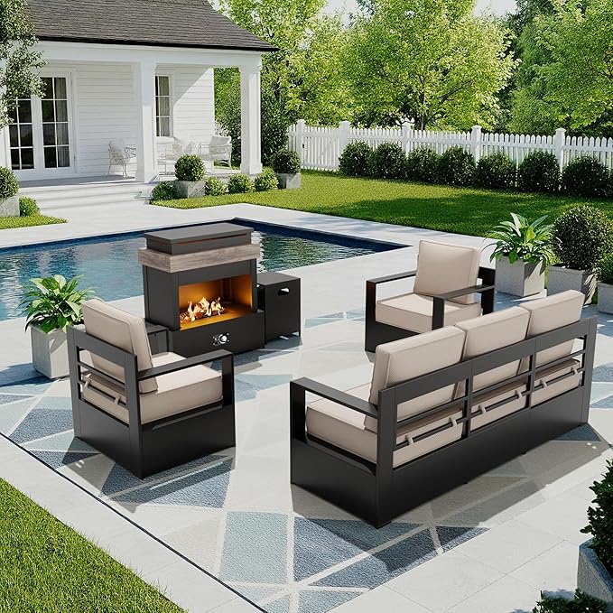 Outdoor Patio Furniture Set, 4-Piece Aluminum Patio Conversation Set All-Weather Metal Outdoor Sectional with 6 Inch Thick Cushions, Deep Setting and Fireplace for Garden, Outside and Porch, Beige