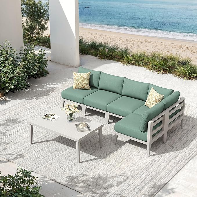 6-Piece Aluminum Outdoor Patio Furniture Set, Oversized Sectional Sofa with Corner Seat & Coffee Table, All-Weather Conversation Set for Backyard, Deck, Porch, or Balcony, White