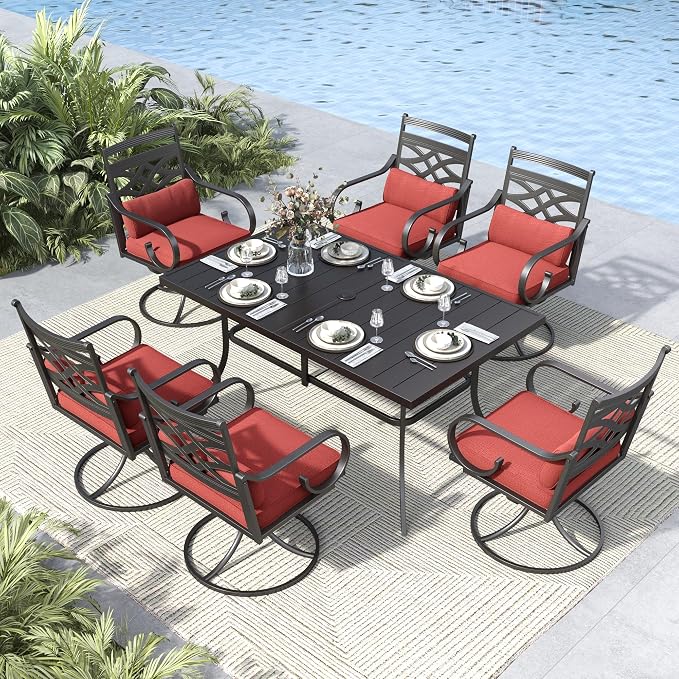 MFSTUDIO 7 PCS, Patio Dining Set, 59"×35", Swivel Chairs, Umbrella Hole | Red, Steel, Metal, E-coated frame