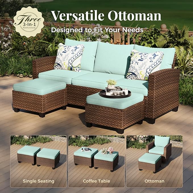 Patio Furniture Set, 6 Pcs Wicker Rattan Outdoor Conversation Set, 2 x Leg Chairs, 1 x 3 Seater Sofa and 2 x Ottoman with 4" Thick Cushion and 56" Fire Pit Table, Blue