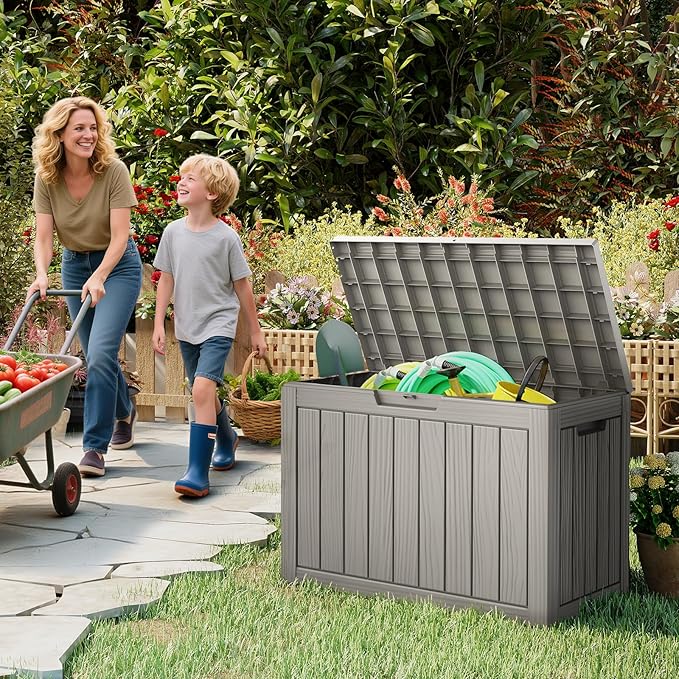 LubanNese Outdoor Storage Box, 50 Gallon Waterproof Resin Deck Box, Storage Bin for Package Delivery, Patio Furniture Cushion, Garden Tools, Pool Accessories, Weatherproof and UV Resistant, Grey