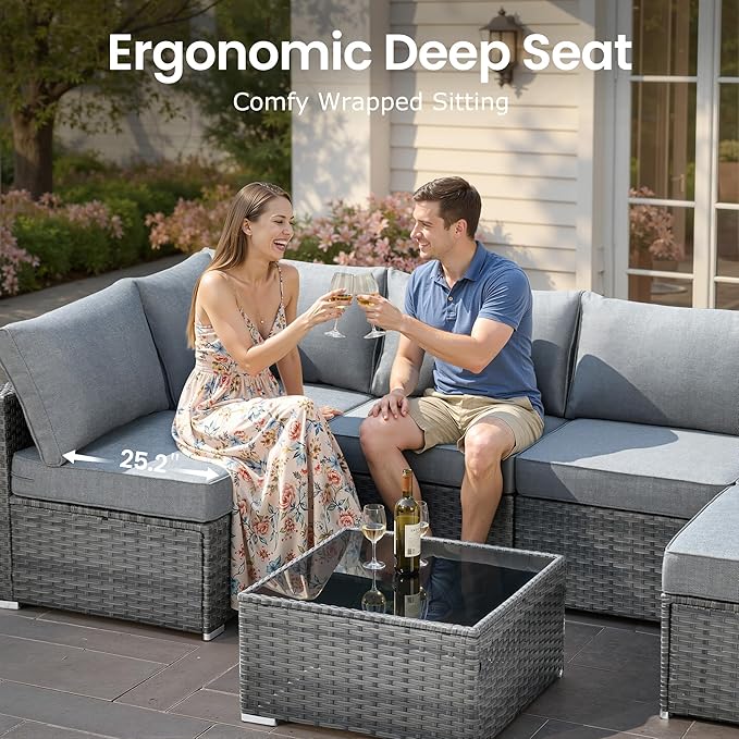 9 PCS Outdoor Patio Furniture Sets with Wicker Rocking Chair,Wicker Weather Resistant Patio Conversation Set with Comfy Cushions,Modular L Shaped Sofa with Coffee Table for Yard,Dark Grey