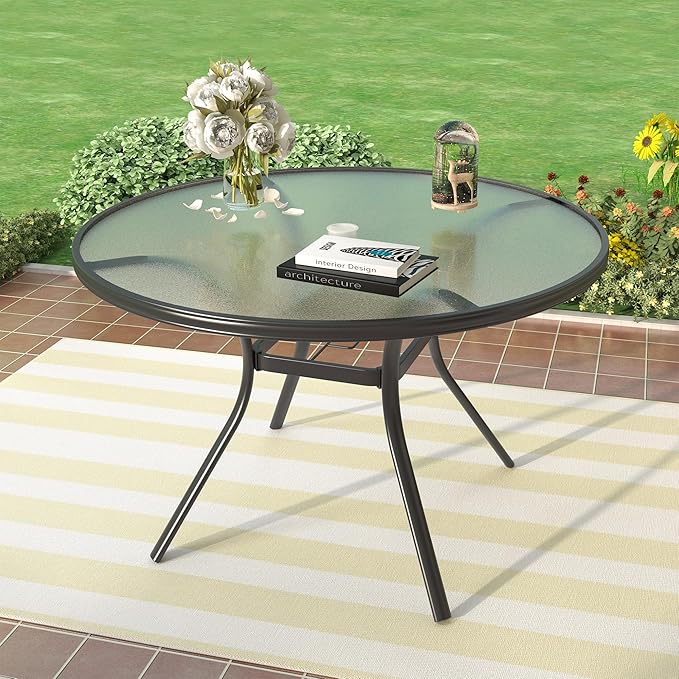 Glass Dining Table, 40" Outdoor Round Patio Table with Steel Base & 1.7" Umbrella Hole, Black Frame