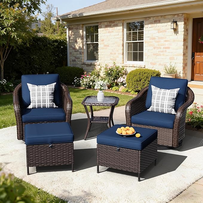 5 PCS Outdoor Conversation Set | 2 Swivel Chairs, 1 Side Table, 2 Ottomans, Patio Wicker Conversation Furniture with Removable Cushions for Bistro, Deck, Sunroom(Navy Blue)