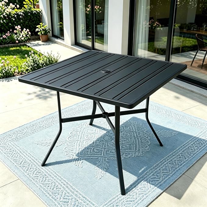 Outdoor Patio Furniture Set 5 Piece with 4 Brwon Stackable Rattan Chairs and Black Outdoor Metal Dining Table with Umbrella Hole