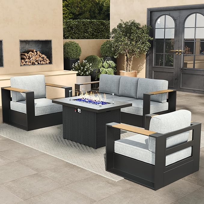Aluminum Patio Furniture Set, 5 Seats Luxury Seating Furniture with 44" Fire Pit Table, All Weather Outdoor Conversation Sets with 6" Thickened Cushions