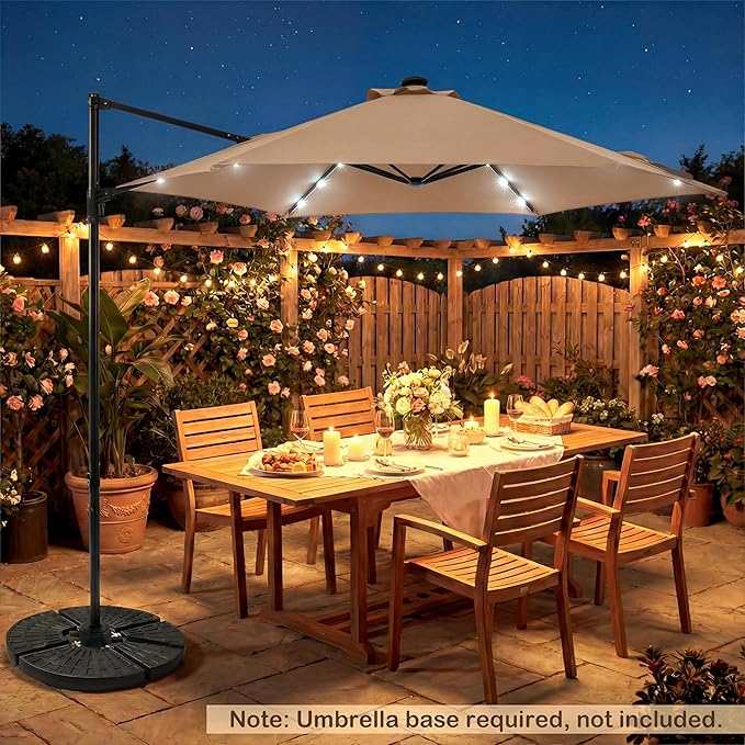 HAPPYGRILL 10 FT Patio Umbrella with Solar Lights, Outdoor Offset Cantilever Umbrella with White LED Lights, 360 Degree Rotation, Air Vent for Pool Deck Garden Backyard