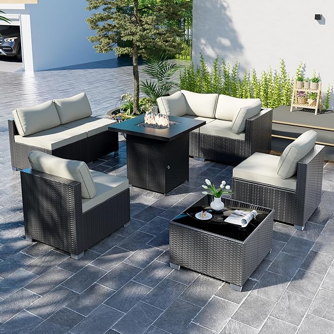 8-Piece Outdoor Patio Sectional Sofa Set with Fire Pit Table – PE Wicker Rattan Modular Conversation Furniture, Cushions & Clips Included – Patio Couch for Porch, Backyard, Poolside, Garden