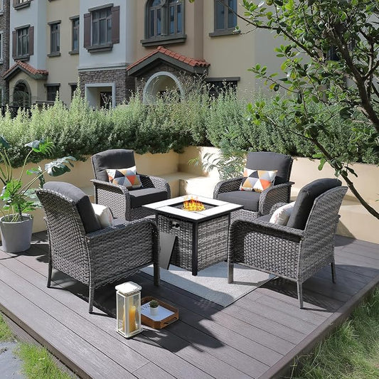 ovios 5-Piece Patio Furniture Set, Outdoor Wicker Sofa with Chairs Fire Pit Table, High Back Rattan Chair with Comfy Cushions for Porch Yard Deck, Black