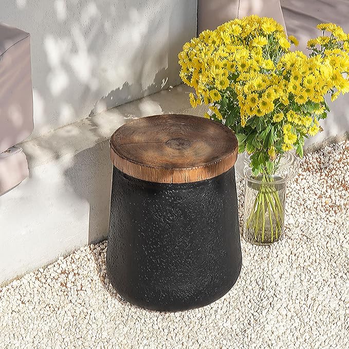 COSIEST Outdoor Side Table Set of 2, 2 Pieces End Table, Cylinder Shaped Patio Side Table, Black Outdoor Concrete Accent Table Stool with Faux-Wood Tree Trunk Slice Top for Outside, Indoor, Garden