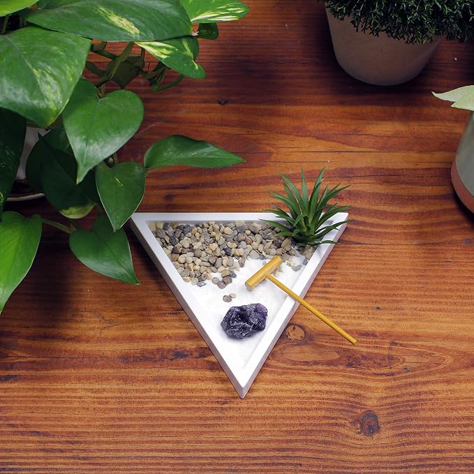 Nature's Mark Mini Zen Garden Kit with White Sand, Rake, White Base, Salt Rock and Air Plant (Triangle)