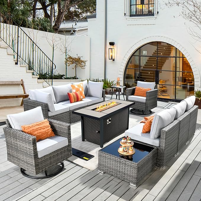 11 Piece Outdoor Patio Furniture Set with 53" Fire Pit Table, Wicker Sectional Conversation Set Whit Swivel Chairs,Modern Outside Sofa for Balcony Backyard(Gray)