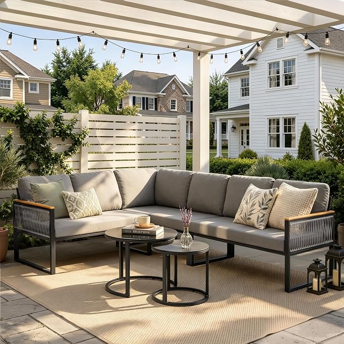 7-Piece L-Shaped Patio Conversation Sets, Hand-Woven Wicker Outdoor Sectional Sofa with Glass Nesting Coffee Table, Weather-Resistant Frame, Removable Cushion for Deck, Porch, Backyard (Gray)