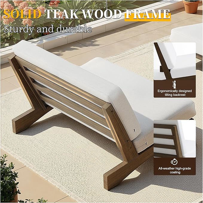 UIXE 5 Pieces Wood Patio Furniture Sets, 2 Patio Loveseat, 2 Patio Bistro Chair, All Weather Outdoor Sectional Sofa Furniture Backyard Conversation Set with Coffee Table - Beige