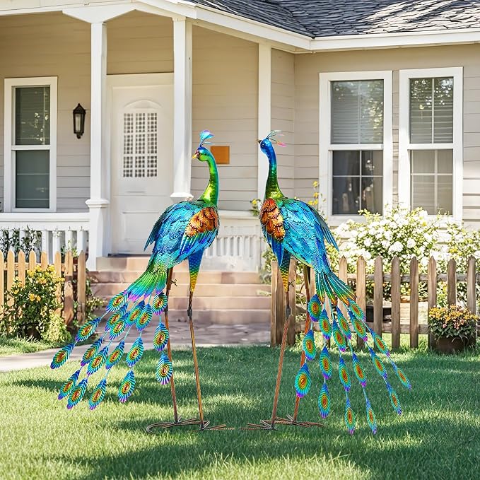 Oversized Peacock Decor Set of 2, 32" Outdoor Metal Yard Art | Hand-Painted Metal Peacock Sculpture. Weatherproof Garden Art for Lawn, Flower Beds, Patio, Backyard, or Indoor Home Decor.