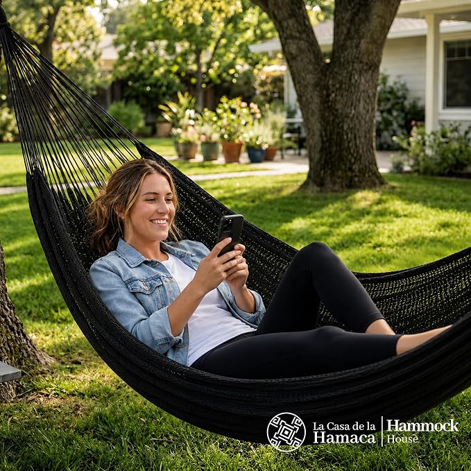 Hammock for 1-2 Person, 475 lbs Capacity – Handwoven Mexican Hammock, 100% Soft Cotton – 9.8 ft Mayan Hammock for Patio, Backyard, Indoor & Camping – Medium, Black
