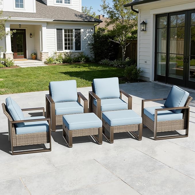6 Pieces Metal Wicker Patio Furniture Set - Four Armchairs and Two Ottomans, All Weather Rattan Outdoor Conversation Furniture with Washable Cushion for Deck Porch, Baby Blue