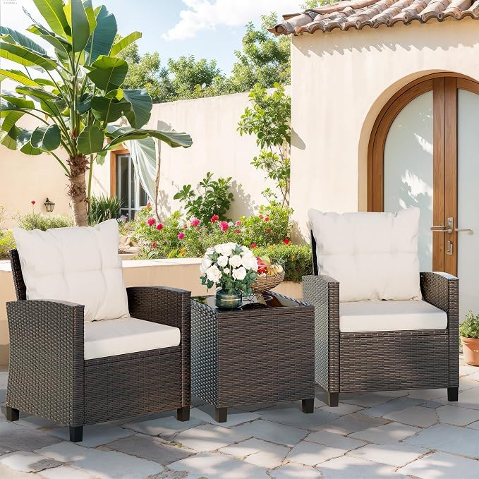 Vongrasig 3 Pieces Patio Furniture Set Small Outdoor Wicker Rattan Front Porch Bistro Set Cushioned Patio Chairs Conversation Set with Glass Table for Lawn, Garden, Backyard, Balcony, Beige