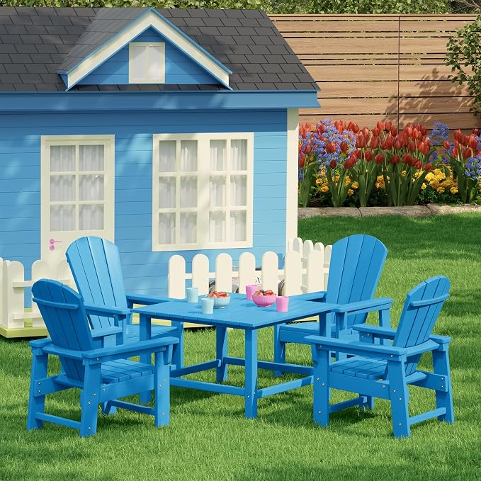 Costaelm Paradise Kids 5-Piece HDPE Outdoor Square Patio Dining Table and Chairs Set, Pacific Blue