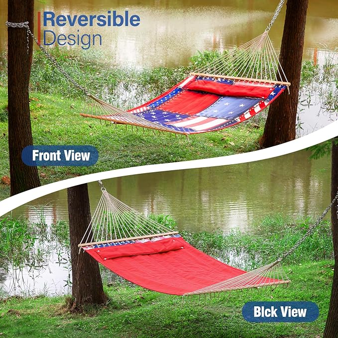 Backyard Expressions Reversible Quilted Hammock - Single or Double Hammock for Outdoor Relaxation with Matching Pillow, Flag Patchwork