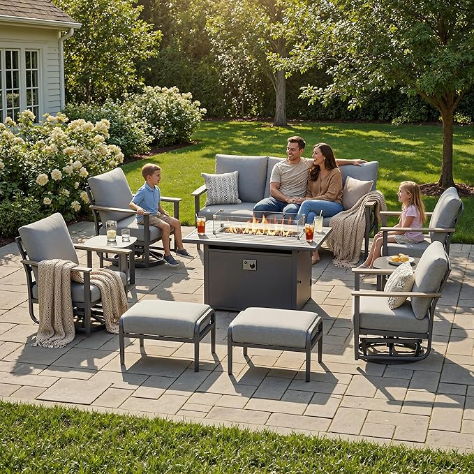 9-Seat Outdoor Patio Furniture Set with Rocking Swivel Chairs, Aluminum Sectional Sofa with Ottomans Patio Conversation Set with 55,000 BTU Fire Pit Table & High Backrest, Grey