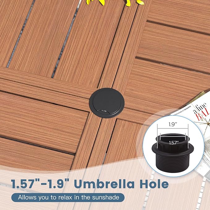 DIFY 7 Pieces Outdoor Dining Set, Metal Patio Table and Chairs Set for 6 with Umbrella Hole, 53.1" Walnut Round Table and Brown Textilene Swivel Patio Chairs for Garden, Backyard, Poolside